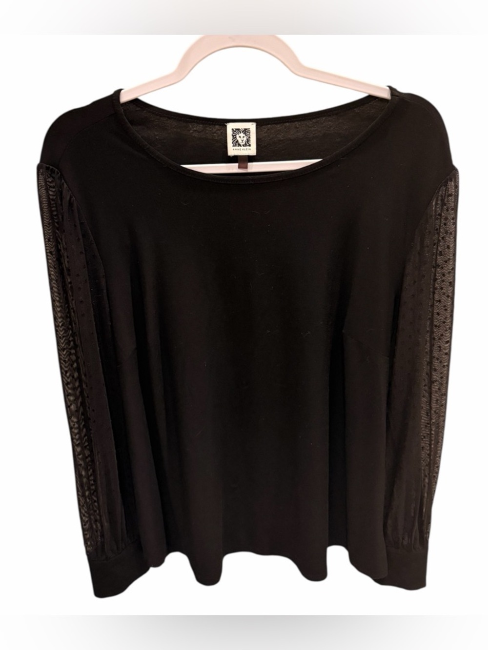 Anne Klein Black Women's Long-Sleeve Top with Lace-Inset Sleeves XL
